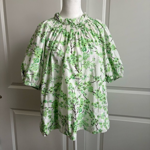 J Crew Smocked Neck Puff-Sleeve Top in Lime Cherry Blossoms Sz M - Picture 1 of 8